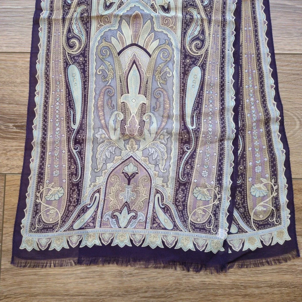 Talbots Paisley Sheer 100% Silk Oblong Scarf - Fringed‎ Edge Purple Blue Long